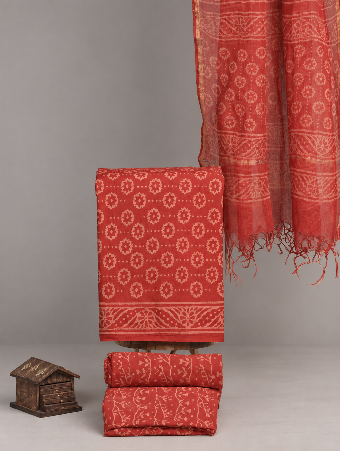 Handblock Printed Cotton Red Floral Suit Set with Printed Kota Doria Dupatta