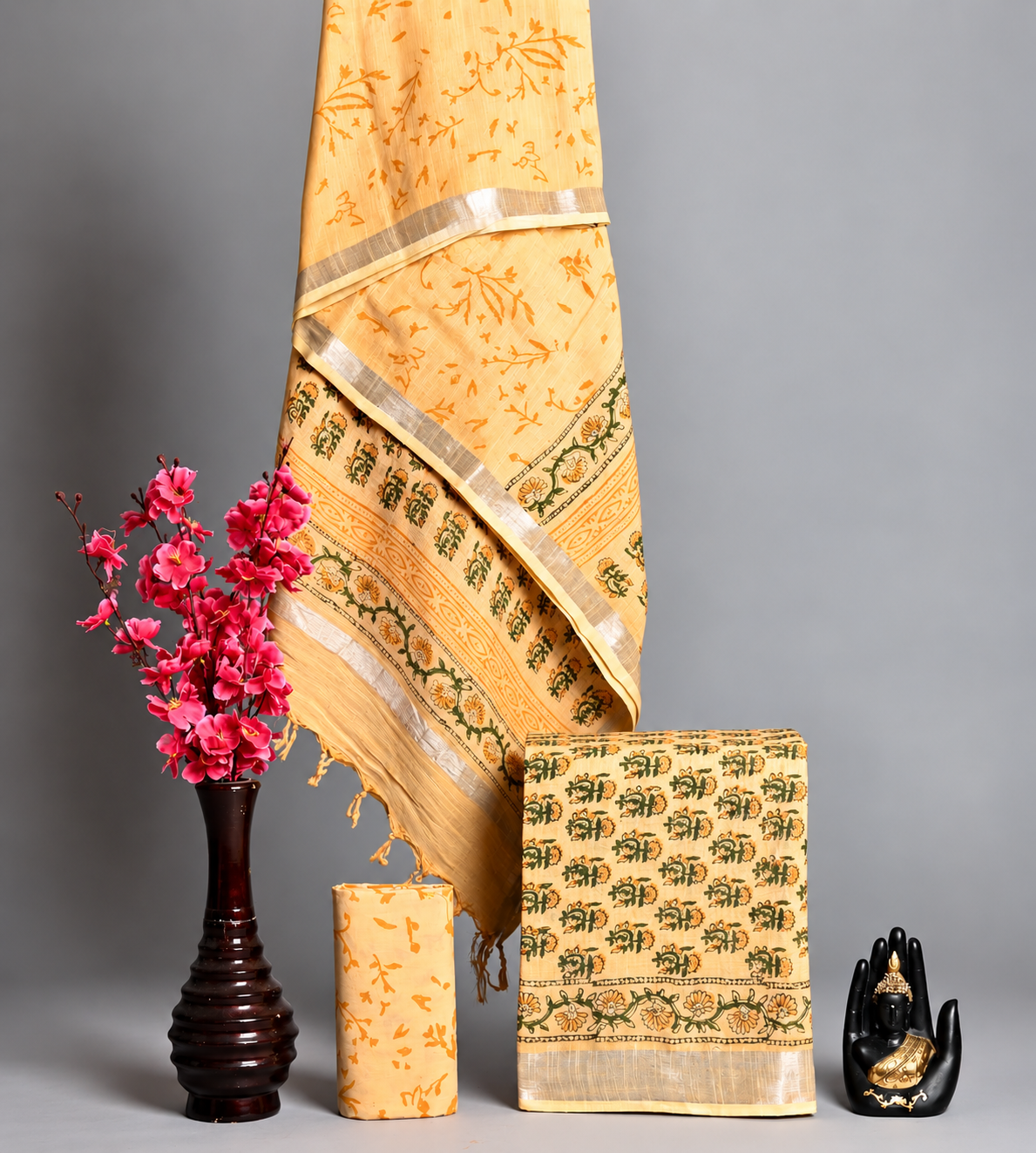 Handblock Printed Cotton Linen Yellow & Green Floral Suit Set with Cotton Linen Dupatta
